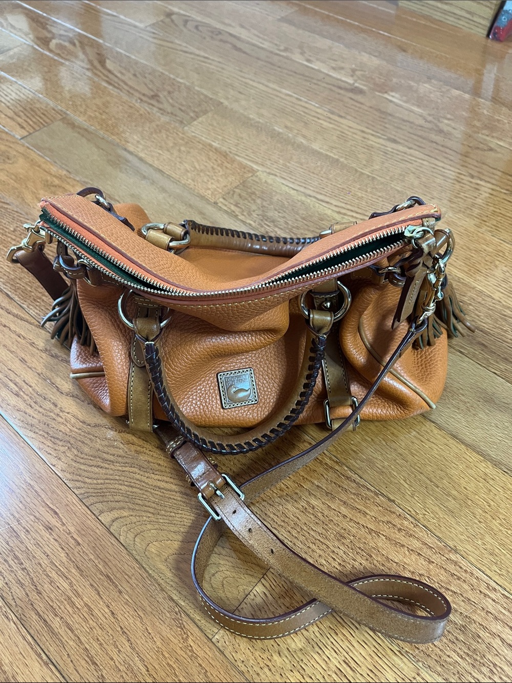 Dooney & Bourke Tan Pebbled Leather Shoulder Bag with Braided Handles